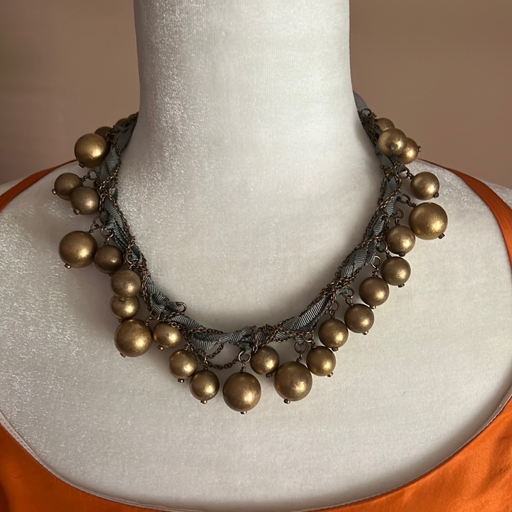 J Crew Grey Grosgrain and Matte Gold Ball & Chain Necklace